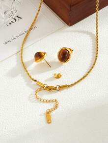 1pc 18K Gold-Plated Stainless Steel Twisted Oval Faux Cat's Eye Pendant Necklace/Earrings, Unique Luxury Design, Suitable For Women's Daily, Party, And Gift Giving - Brown - View 3