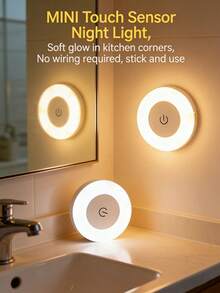 1pc Touch Sensor Night Light, Bedside Lamp, 3 Color Adjustable, Wireless Cabinet Light, Dimmable (Warm Light) For Bedroom, Bathroom, Living Room, Wardrobe, Kitchen, Home Decor, Wall Decor, Bedroom Decor, New Year, Spring Festival - 60 Touchscreen Mini Round Night Light - View 4