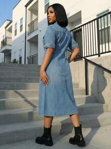 Jkorea Light Wash Denim Midi Dress - Button Down Short Sleeve Utility Dress - 中等水洗藍 - 查看 2
