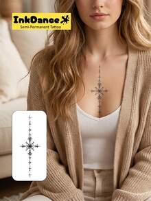 1 Kit "Mystic Polaris Filigree" Technology Tattoos, Semi-Permanent Tattoos, Cross, Temporary Tattoos, Long Lasting, Fake Tattoos, Water-Resistant, Authentic Tattoo Look, Plant-Based D324 - Black - View 2