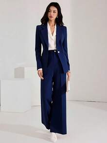 Blazer Set With Lining And Shoulder Pads, And Wide-Leg Trousers With Gold Button Detail. - 藏蓝色 - 查看 3