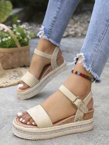 Women's Yellow-Brown Woven One-Strap Wedge Ankle Strap Platform Sandals - Beige - View 2