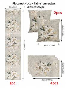 1pc Spring White Floral Print Table Runner - Polyester Woven Rectangular Dust-Proof And Wipeable Tablecloth For Home Party Decor, Aesthetic Room Decoration, Lily Design - Multicolor - View 1