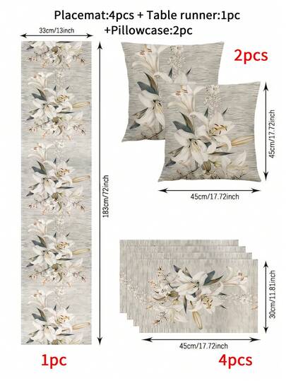 1件装春季白色花卉印花桌旗 - 涤纶编织长方形防尘可擦拭桌布，适用于家居派对装饰、美观的房间装饰，百合花图案