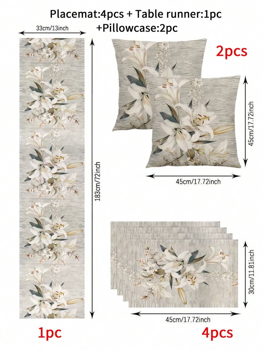 1pc Spring White Floral Print Table Runner - Polyester Woven Rectangular Dust-Proof And Wipeable Tablecloth For Home Party Decor, Aesthetic Room Decoration, Lily Design - Multicolor - View 1