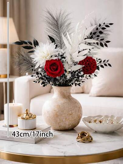 1 Bouquet Containing Crimson Flower, Red Speckled Flower, Midday White Flower, Light White Core, Gray Feathered Branch, Slender Spike, Night Wheel Leaf And White Speckled Combination, Overall In Red And White Contrast Colors, Suitable For Living Room TV Cabinet, Foyer Table, Study, Club And Display Space Decoration, No Need For Watering And Maintenance, Long-Term Display Without Fading Or Deformation (Vase Not Included)