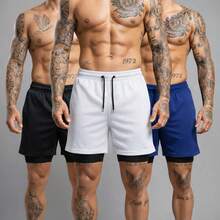 Kit Of 3 Short 2-In-1 Dry Fit Lined Men's Gym Shorts For Running And Training With Elastane - Negro/Blanco/Azul Real - Ver 1