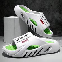 Men's Fashionable Letter Printed Slippers With Thick Sole, Increased Height, Anti Slip, Wear-Resistant, Breathable, Oversized Cool Slippers For Indoor And Outdoor Leisure, Sports Gatherings, Parties, Beaches, One Foot Slippers - 白色 - 查看 1