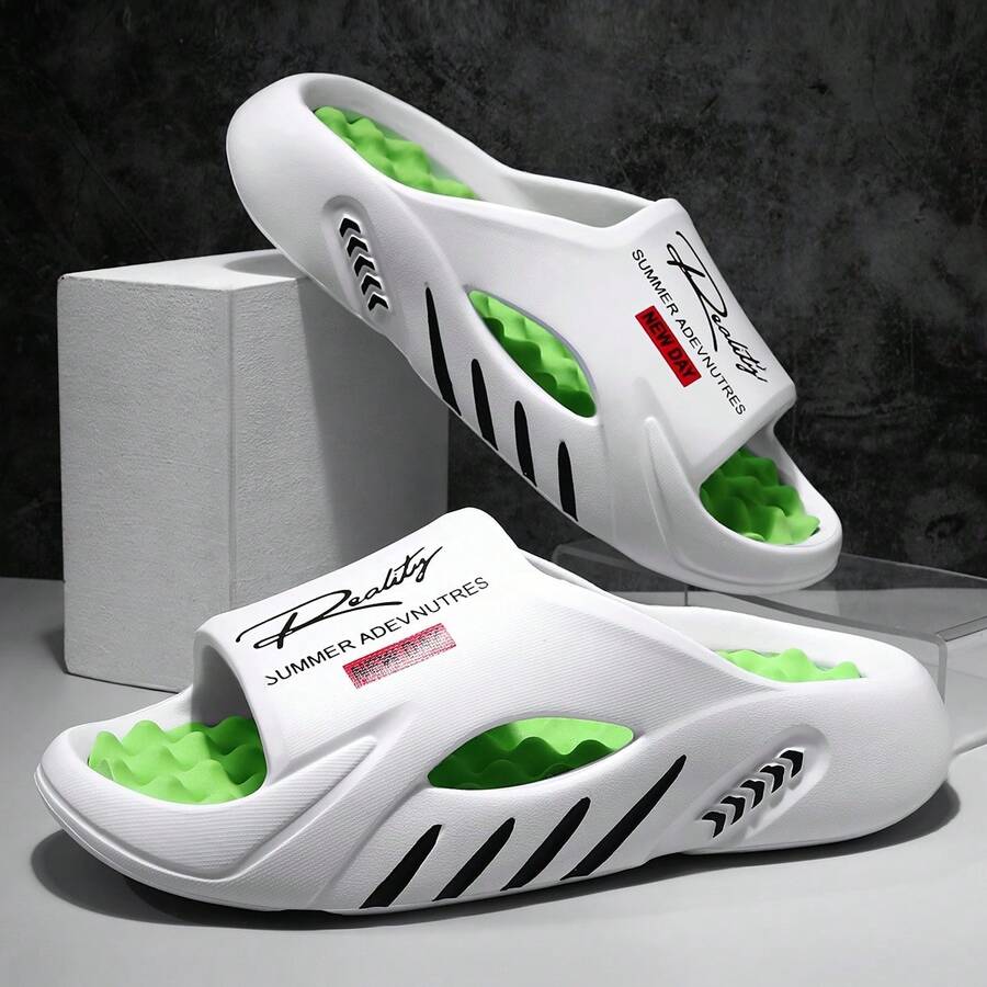 Men's Fashionable Letter Printed Slippers With Thick Sole, Increased Height, Anti Slip, Wear-Resistant, Breathable, Oversized Cool Slippers For Indoor And Outdoor Leisure, Sports Gatherings, Parties, Beaches, One Foot Slippers - 白色 - 查看 1