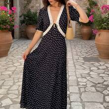 女士复古优雅波点蕾丝边连衣裙 - A字型V领长裙，日常时尚风格，蕾丝边设计，性感深V领，系带腰身，泡泡袖，度假风 - 黑色 - 查看 7
