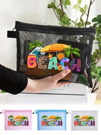 Maestra 网眼化妆包，印有海洋和沙滩元素，可作化妆包、零钱包、配件收纳包、口红和气垫粉扑收纳包，便携式透明化妆包，洗漱包，旅行收纳袋，化妆包，护肤包，洗漱包，情人节礼物，母亲节礼物