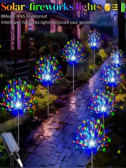 1pc/4pcs Solar Firework Lights, 60/150/240/360 LED Solar Garden Lights, Single 240/360 LED Firework Decorative Lights, 8 Modes IP65 Waterproof Outdoor, Holiday Landscape Decoration Lights, Suitable For Yard, Garden, Lawn, Path, Villa, Camping, RV, Party, Holiday, Wedding, Birthday, Christmas (Warm White, Colorful, White)