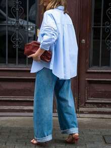 新款时尚优雅可调节袖口休闲蓝白条纹极简长袖衬衫，适合日常穿着、通勤、下午茶、度假，四季皆宜，春季百搭。 - 藍色 - 查看 3