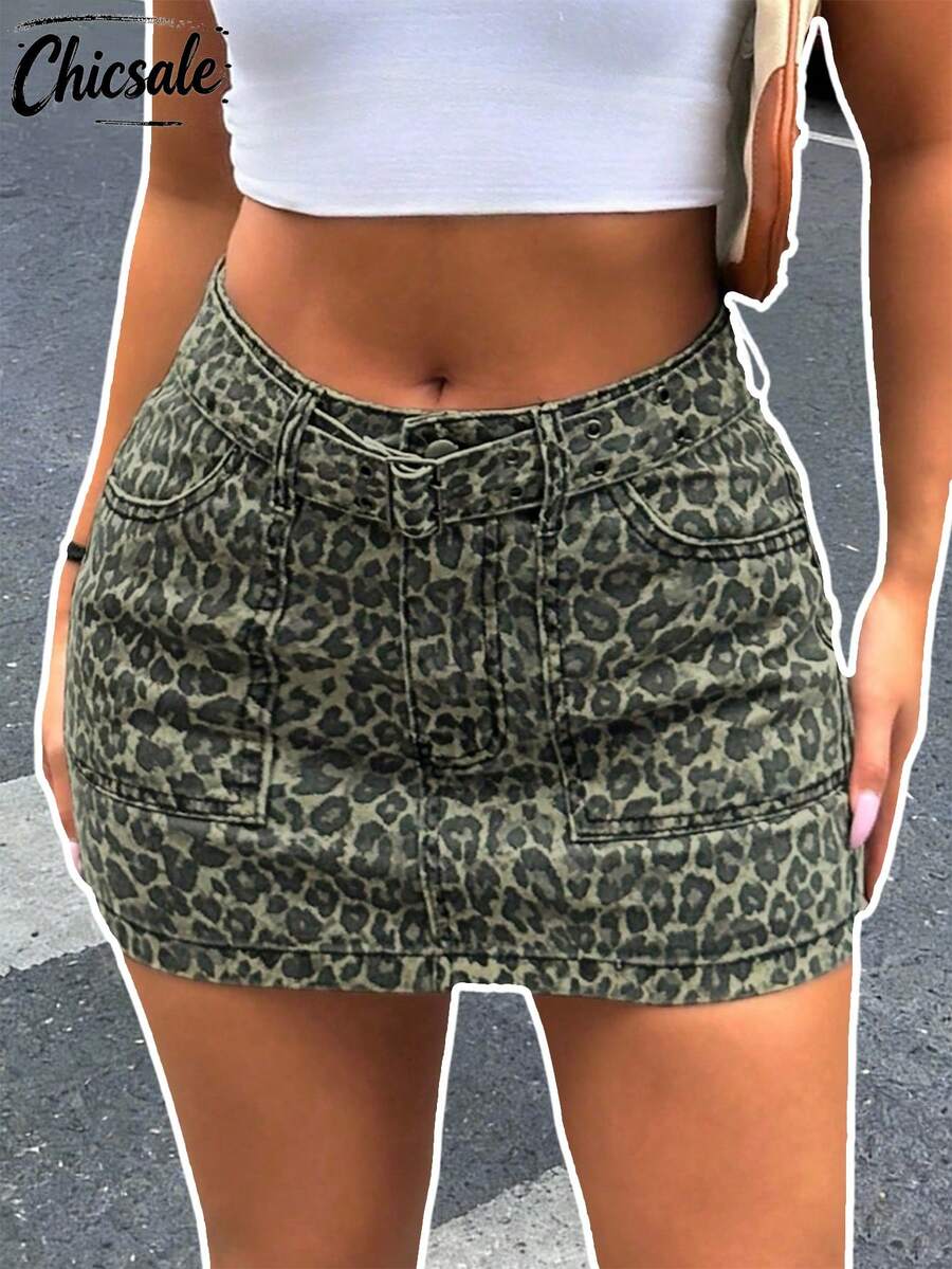 Women's Summer Casual Leopard Denim Mini Skirt - Green Leopard Print - View 1