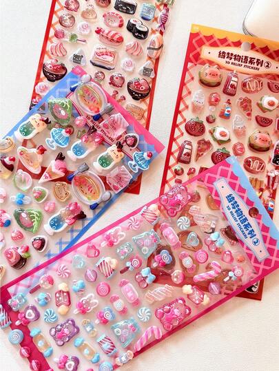 3D立体浮雕水晶贴纸 - 寿司汉堡，复古3D食物贴纸，适用于剪贴簿、日记、手机壳DIY