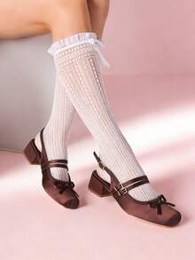 Women's Ballet Heels Elegant Square Toe Bow Satin Mary Janes Ballerina Chunky Heel Party Buckle Strap Sweet Cute Wedding Shoes For Women Valentine's Day Gift - màu nâu - Xem 5