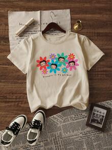 Whysmera SHEIN X Betty Boop Summer Women's Short Sleeve Colorful Lettering & Floral Contrast Graphic T-Shirt, Retro Cartoon Collaboration Design - Apricot - View 3