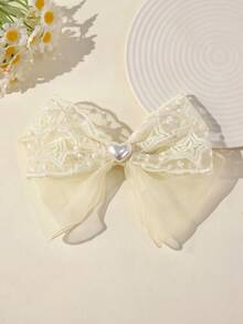 1pc Cute Versatile Mesh Bow Pearl Hairclip For Girls - Beige - View 5