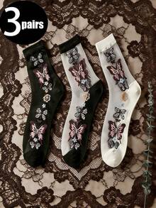 3 Pairs Women's Crystal Silk Mid-Calf Socks, Creative Butterfly Pattern Design, Fashionable, Breathable, Moisture-Wicking, Suitable For Daily Wear, Holidays, Gifts - Multicolor - View 2
