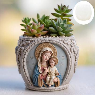 1pc Virgin Mary Hold Jesus Relief Succulent Plant Flowerpot Silicone Mold Goddess Mary Jesus Relief Resin Plaster Flowerpot Mold Elegant Goddess Relief Cement Concrete Flowerpot Mold Virgin Mary Relief Crafts Mold