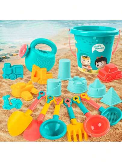 13/18/23 delar strandleksak för barn - strandgrävning och vattenleksak, hållbart strandleksakset i plast för utomhusbruk, inkluderar blå/grön vattenkanna (med rosa munstycke och spiralmönster), gul/röd spade, kratta, sil, olika formade formar (tåg/slott/pyramid) och stor hink (med "Glad sommar" och tecknat barnmönster), perfekt för sommarvattenlek på stranden/sandlådan, utmärkt present till barn på sommaren/helgerna/födelsedagen