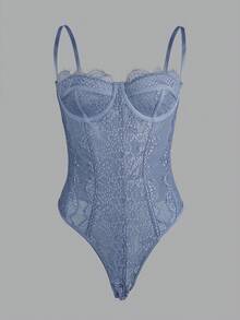 Sexy Lace Bodysuit With Spaghetti Straps, Waist Cinching, Fitted, Suitable For Party & Date Wear - Blue - View 2