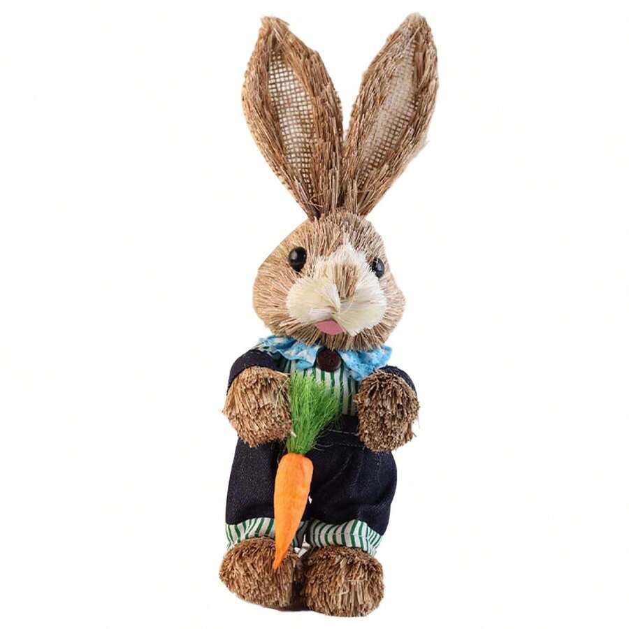 Easter Straw Bunny Decoration Holding Carrot/Eggs/Flowers Rattan Rabbit Figurines Table Centerpiece For Home Farmhouse Holiday Spring Party Tiered Tray Decor - C - View 1