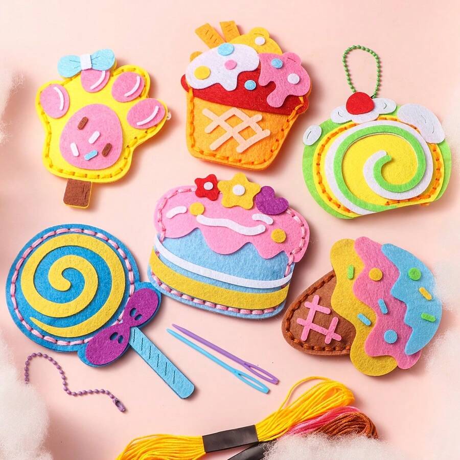 6pcs Dessert Cake DIY Sewing Kit, Cute Wallet Pendant Felt Craft Material Pack, Creative Handmade Birthday Gift, Fun Craft For Beginners, Easy To Learn, Mixed Color Textile Materials - Multicolor - View 1