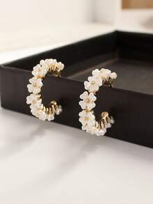 1对花卉图案女士圆形耳环 - 白色 - 查看 4