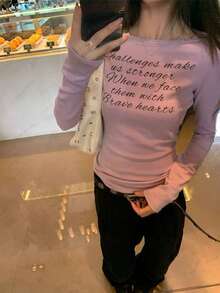 Casual Round Neck T-Shirt With English Letter Print, Fitted Silhouette, New Style Top - Purple - View 6