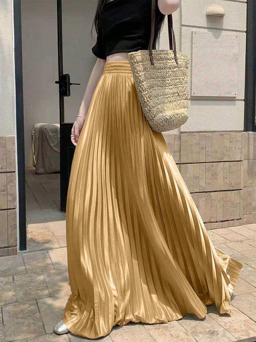 Fustă elegantă lungă plisată din satin auriu, cu tiv evazat, siluetă lejeră tip trompetă, primăvară/vară - Aur - Vizualizare 1