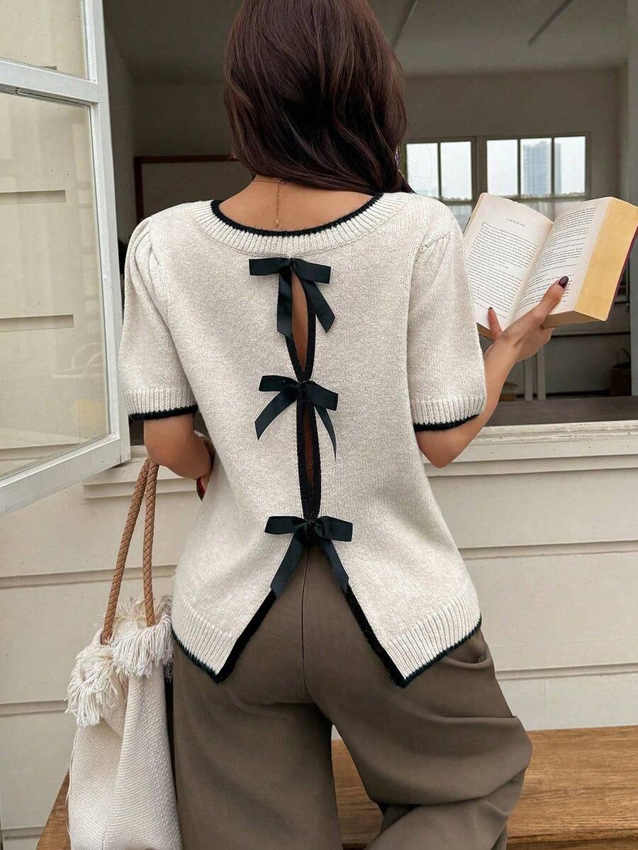 自由式女士针织毛衣，常规长度，高弹力，宽松版型，显瘦，优雅简约，百搭套头衫，时尚简约，商务休闲，通勤必备，优雅上衣，复古韩风春季款 - 新杏色 - 查看 1