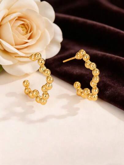 1 Pair Gold Flower Pearl Shape Stud Earrings, Stainless Steel Floral Design, Elegant Accessory For Spring Weddings