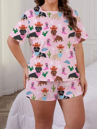 2-delige pyjamaset van spijkerstof met roze teckel- en cactusprint, een comfortabele trui met korte mouwen en ronde hals en een short met elastische tailleband. Stijlvolle loungewear voor binnen en buiten voor dames.