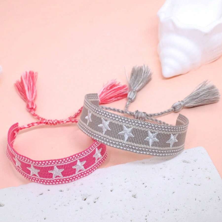 2pcs/Set Embroidered Star Handmade Braided Friendship Bracelet, Adjustable Size Boho Style, Suitable For Party, Holiday, Wedding, Beach, Travel - Star - View 1