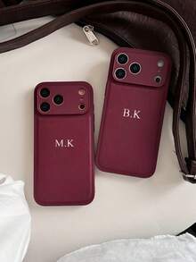 Customized Luxury Litchi Texture Leather Phone Case, Personalized Letter Name, Compatible With Apple 17, 16, 15, 14, 13, 12, 11 Pro Max, 16 Plus, 17 Air, Full Camera Protection Anti-Fall Anti-Fingerprint Phone Case - Burgundy - View 4