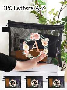 Personalized Floral & Gold Letter Print Canvas Cosmetic Bag - Fashionable Style, Zipper Closure, Foldable, Lightweight, Fade-Resistant Design - Suitable As Bridesmaid, Teacher And Friend Gifts, Also Can Be Used As Washable Ladies Makeup Bag. Back To School Student Backpack, Travel Essential, Beach Holiday Organizer - Multicolor - View 1