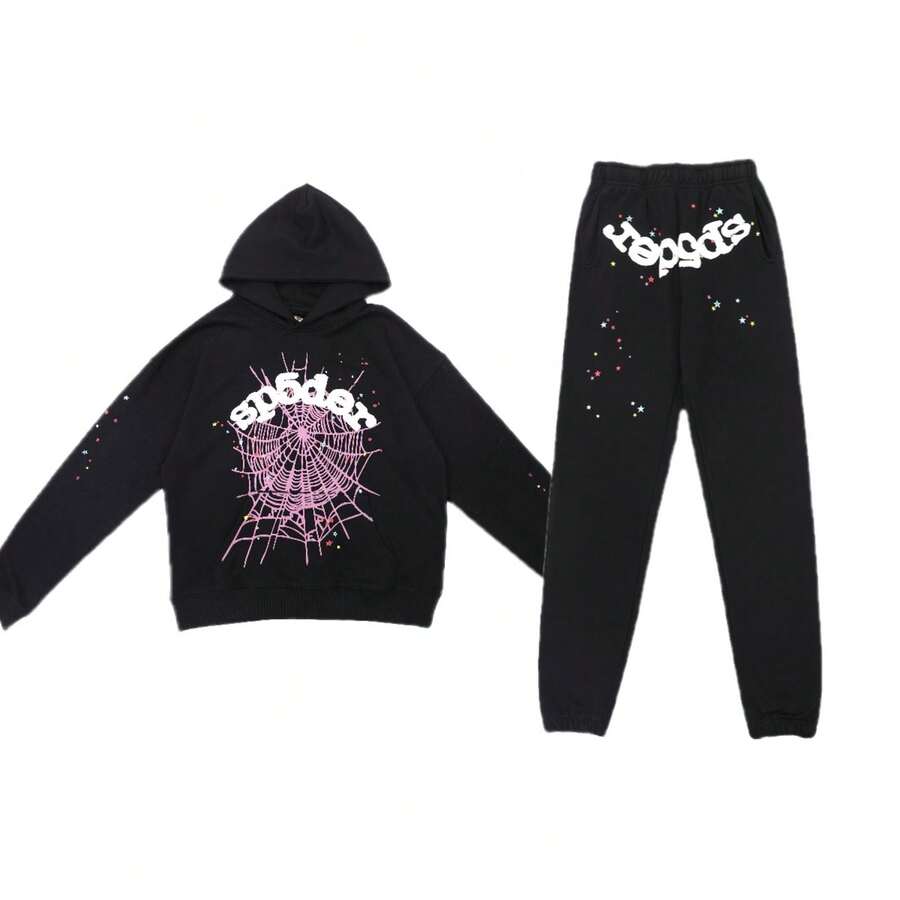 2026 Hip Hop Fashion Printed Hoodie, Loose Men's And Women's Hooded Sweatshirt Spider Web Fashion Hip-Hop Printed Flower Hoodie, European And American Brand Large-Sized Loose Men's And Women's Hooded Sweatshirt Set - 黑色 - 查看 1