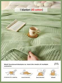 1pc Soft & Comfortable New Waffle Gauze Blanket - 100% Pure Cotton, Skin-Friendly, Solid Color, Suitable For Bed, Sofa, Pillow - Perfect For Relaxation And Snuggling - Quietly Weaving Words In Light Green - View 8