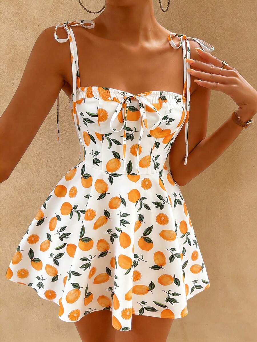 Women's Retro Short Dress With Straps And Lemon Print For Spring, Vacation Dress, Fruit Dress, Beach Outfits For Women, Summer Outfits For Women - 彩色 - 查看 1