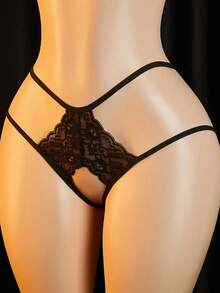 蕾丝开裆内裤，性感蝴蝶结透明丁字裤，适合情人节、万圣节、外出穿着的性感内衣 - 黑色 - 查看 3