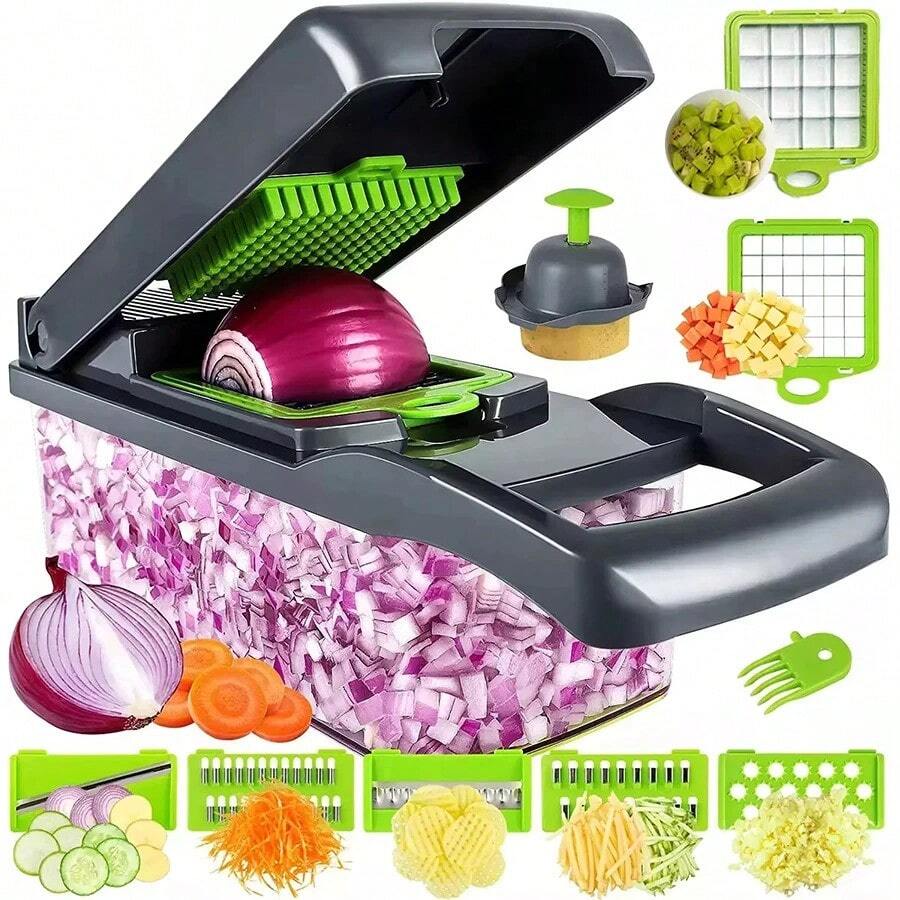 Picador de Verduras Multifuncional 14 en 1, Picador de Cebolla con Asa, Rejilla para Alimentos, Picador de Alimentos, Cortador de Verduras de Cocina - Negro - Ver 1