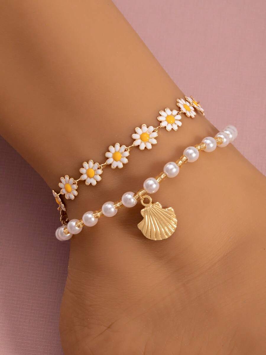 Cute Oil Drop Flower Design Fashion Hot Selling Seashell Pearl Anklet, Versatile To Match Outfits, Suitable For Daily Wear - Gold - View 1