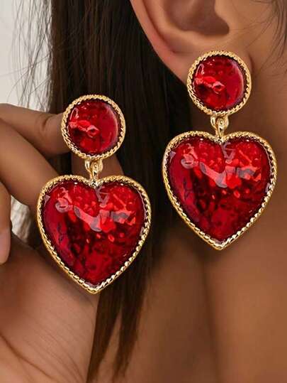 1 Pair Sweet & Spicy Red Heart Drop Earrings, Youthful Cute Heart Pendant Earrings For Girls
