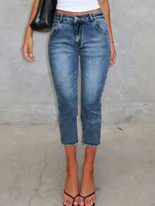 Jeans pitillo de talle 7/8 desgastados con lavado claro, pantalones lápiz elásticos para uso casual y diario en verano - Azul lavado oscuro - Ver 2