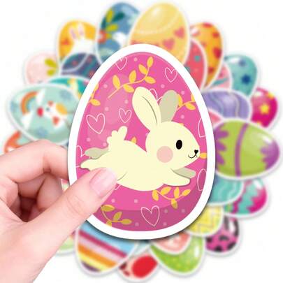 50张可爱复活节彩蛋兔子贴纸，防水乙烯基材质，适用于水瓶、笔记本电脑、日记本、剪贴簿、礼品包装、派对装饰、复活节彩蛋寻宝活动、春季节日手工、贺卡和个性化文具，亮粉色兔子设计，饰以心形和树叶图案，自带背胶，易撕易贴，可重复使用，适用于家庭、办公室、学校和复活节庆祝活动。