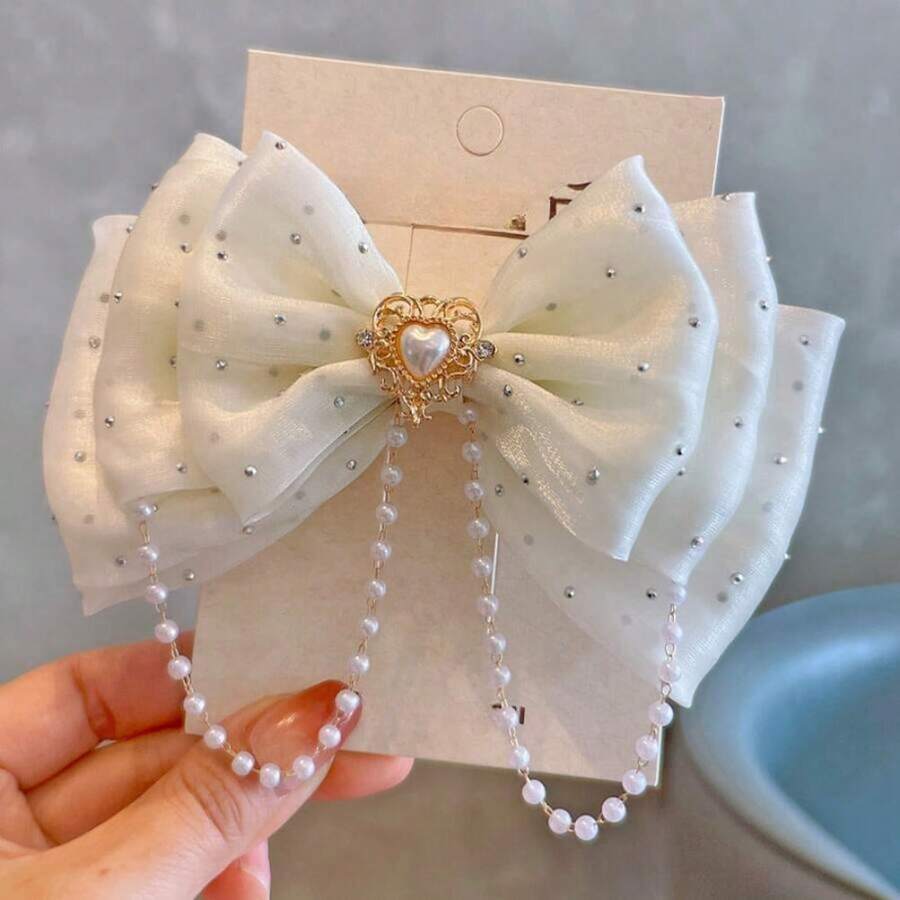 1 Piece French Style Exquisite Simple Girl Hair Accessories Colorful Pearl Tassel Bowknot Three-Dimensional Hair Clip Accessories Suitable For Valentine's Day New Year Banquet Accessories Gifts Daily Exquisite Hairstyle Accessories VHYP - 1個黑色串珠髮夾 - 查看 1