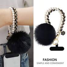 Cordão curto para celular em couro preto minimalista de luxo com detalhe de pérola e pingente de pele sintética. Alça resistente e versátil para celular, ideal para viagens, atividades ao ar livre, chaveiro, presente de aniversário, casamento e festas. - Multicolorido - Ver 3