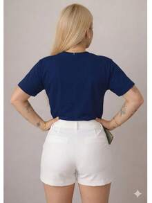 Women's T-Shirt, Short Sleeve, Premium Knit, Casual, Plain, Relaxed, 100% Cotton - 藏蓝色 - 查看 2