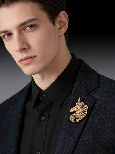 1pc Retro Unicorn Brooch, Classic Minimalist Animal Metal Zinc Alloy Lapel Pin For Men
